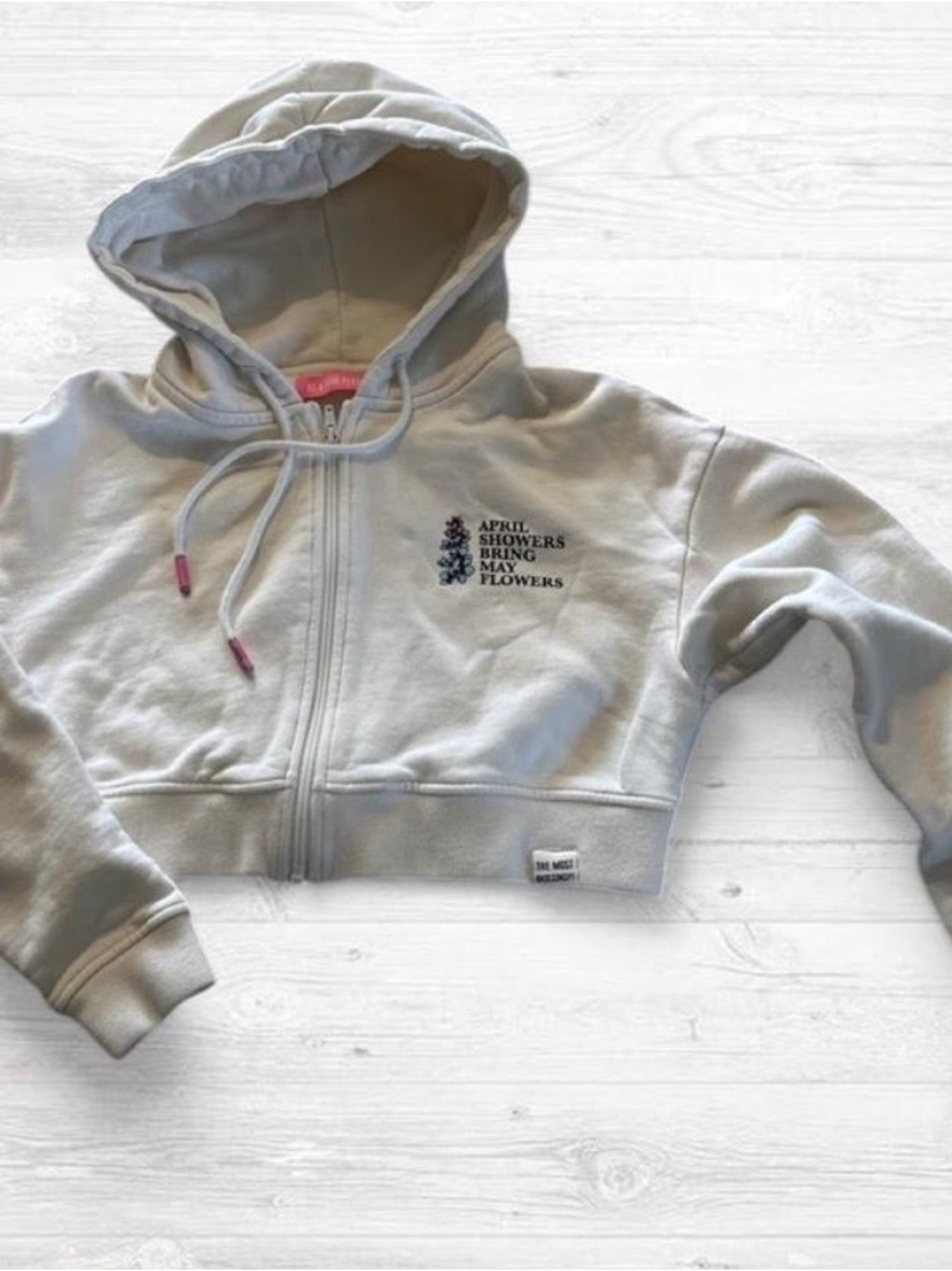 Cropped Cream Zip-Front Hoodie with Floral Text - Women